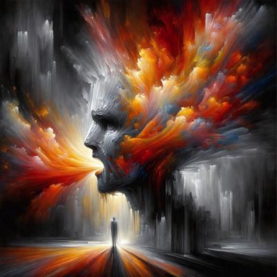 The primary subject of the image is a painting of a person's head with a mouth open, surrounded by a vibrant and colorful background. The setting appears to be a cityscape, with buildings and a street visible in the background. The visual style of the painting is a mix of digital art and illustration, creating a unique and eye-catching piece of art. The dominant colors in the painting are red, orange, and yellow, which contribute to the energetic and lively atmosphere of the scene.